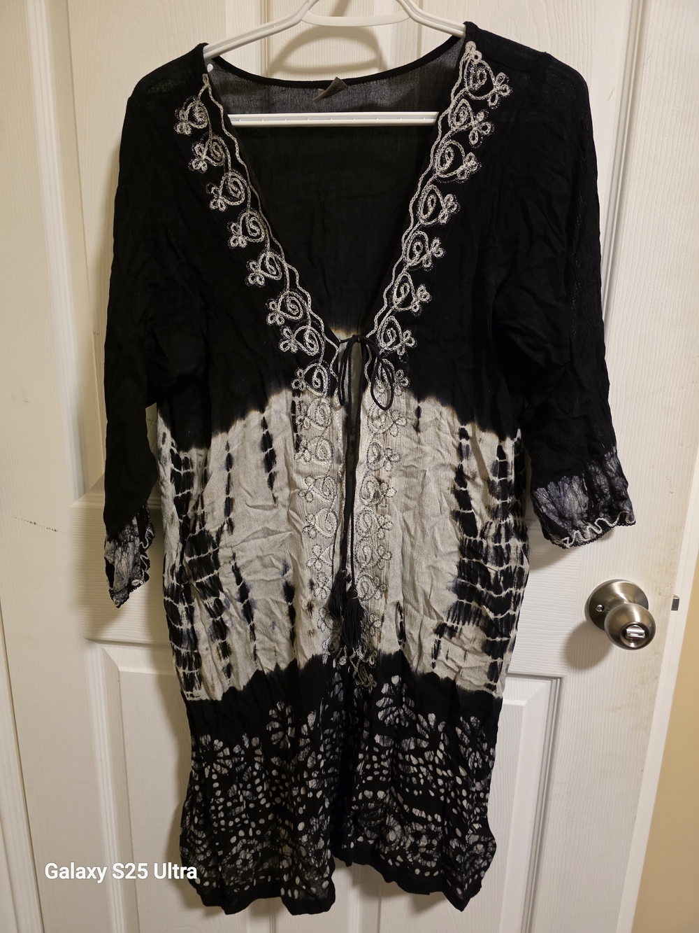 Women’s Black & White Tie-Dye Swim Cover-Up with Embroidered Trim